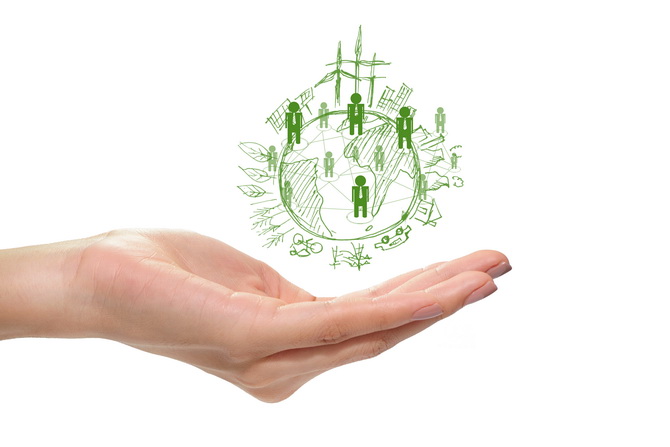 Image illustrative présentant une main ouverte, paume vers le haut, avec la planète terre, des éoliennes des personnes, de couleur verte posées dessus